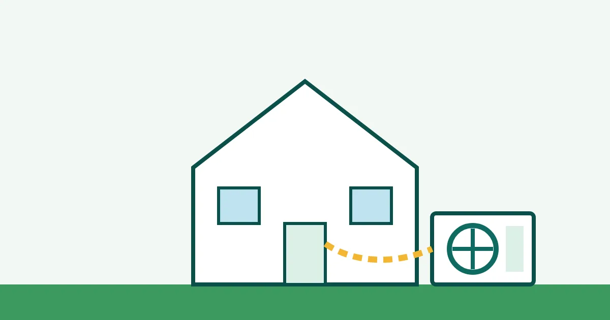Buitenunit van een warmtepomp naast een woning met cv-ketel binnen